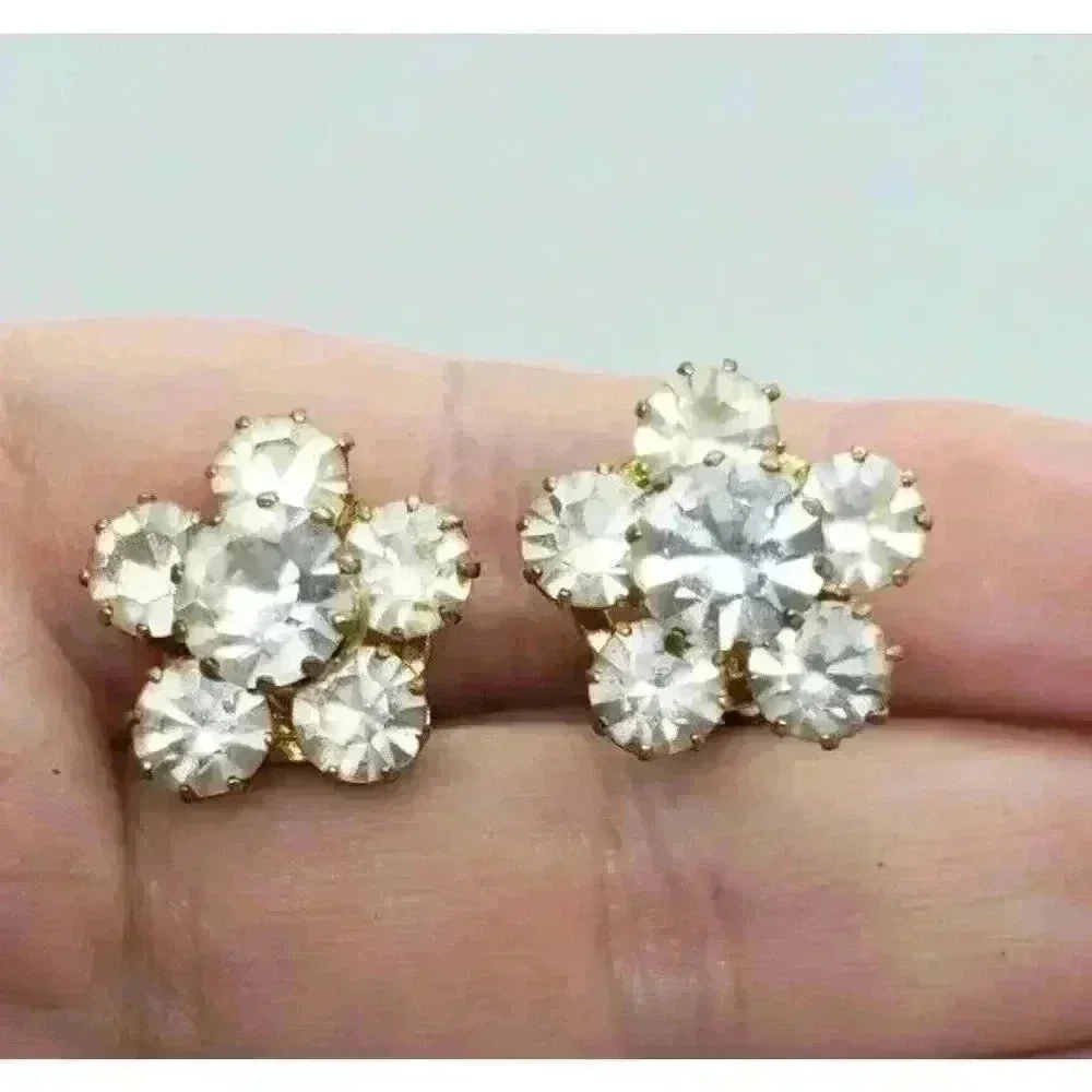 Vintage Earrings Clear Rhinestone Gold Clip Prong Set Austria Statement Bride